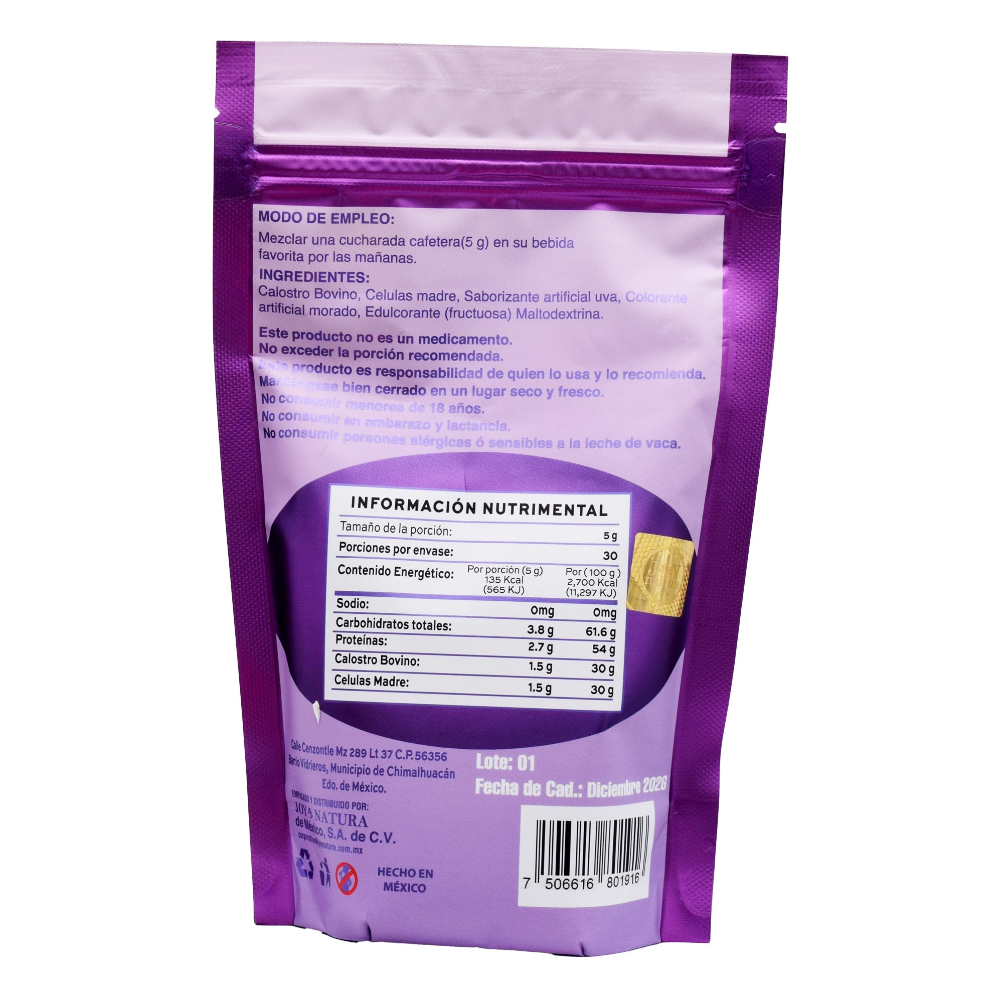 Factor De Transferencia Calostro Bovino Y Celulas Madre Uva 150 G