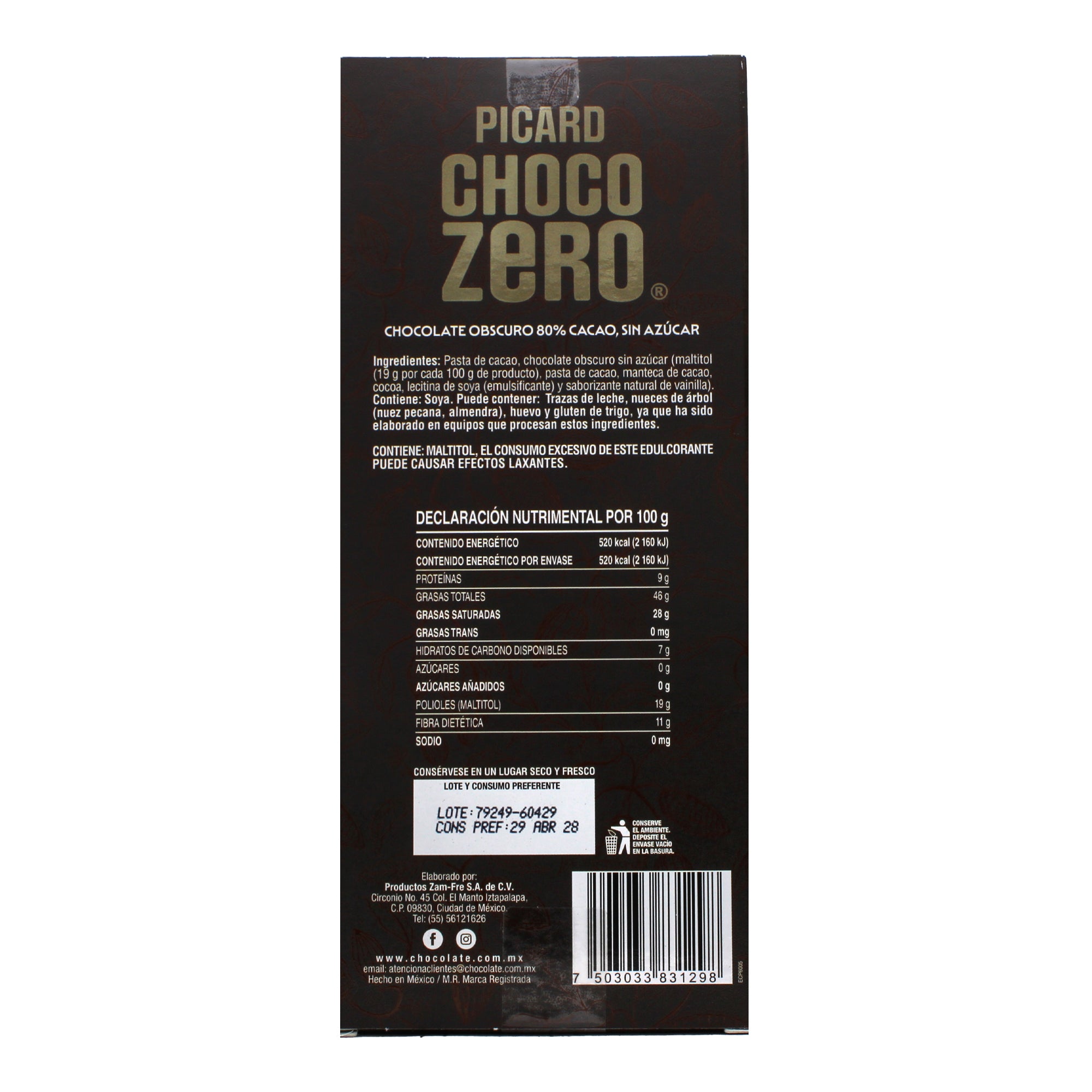 Chocolate Obscuro En Barra 80% Cacao 100 G
