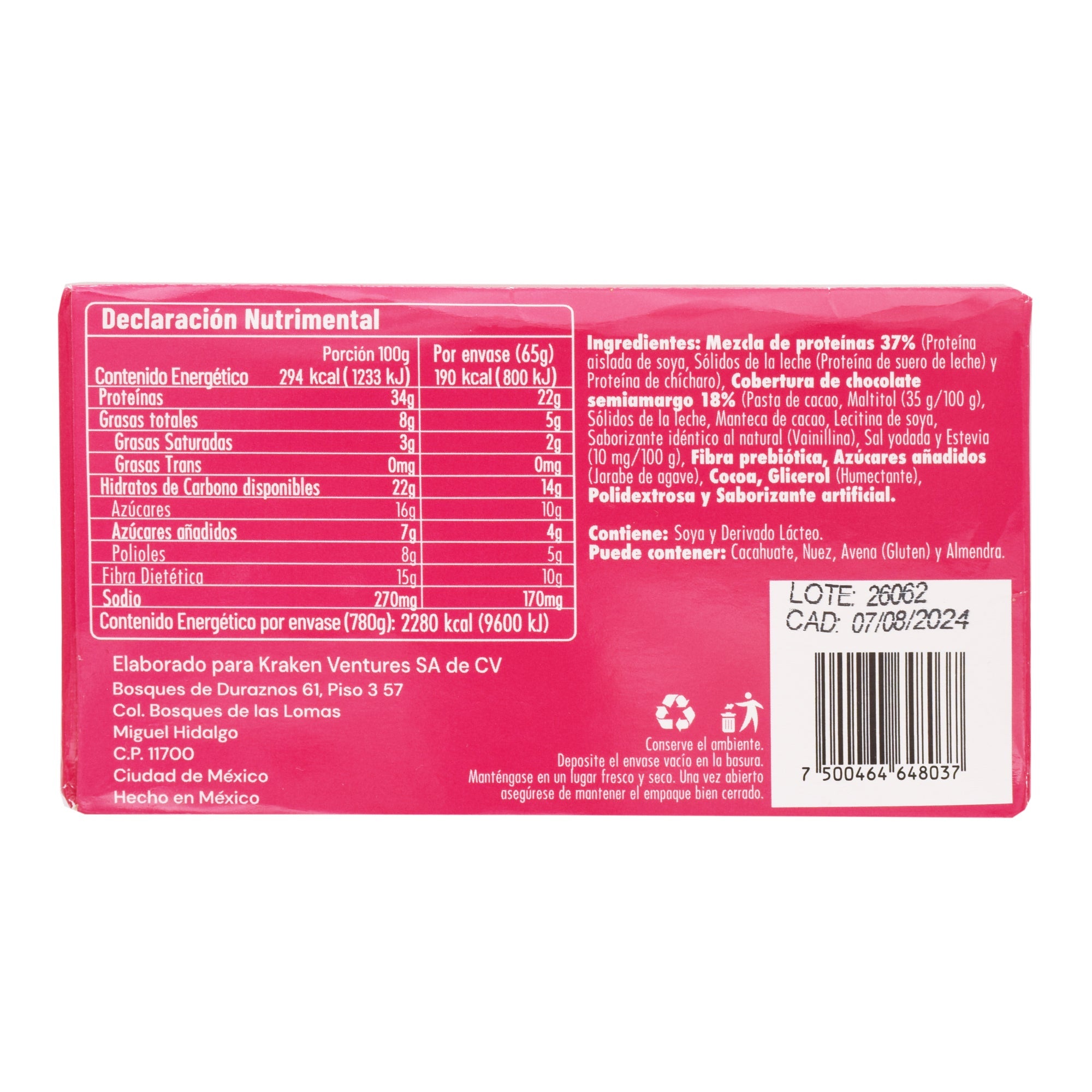 Barra De Proteina Chocolate Oscuro 65G (Paquete 12)