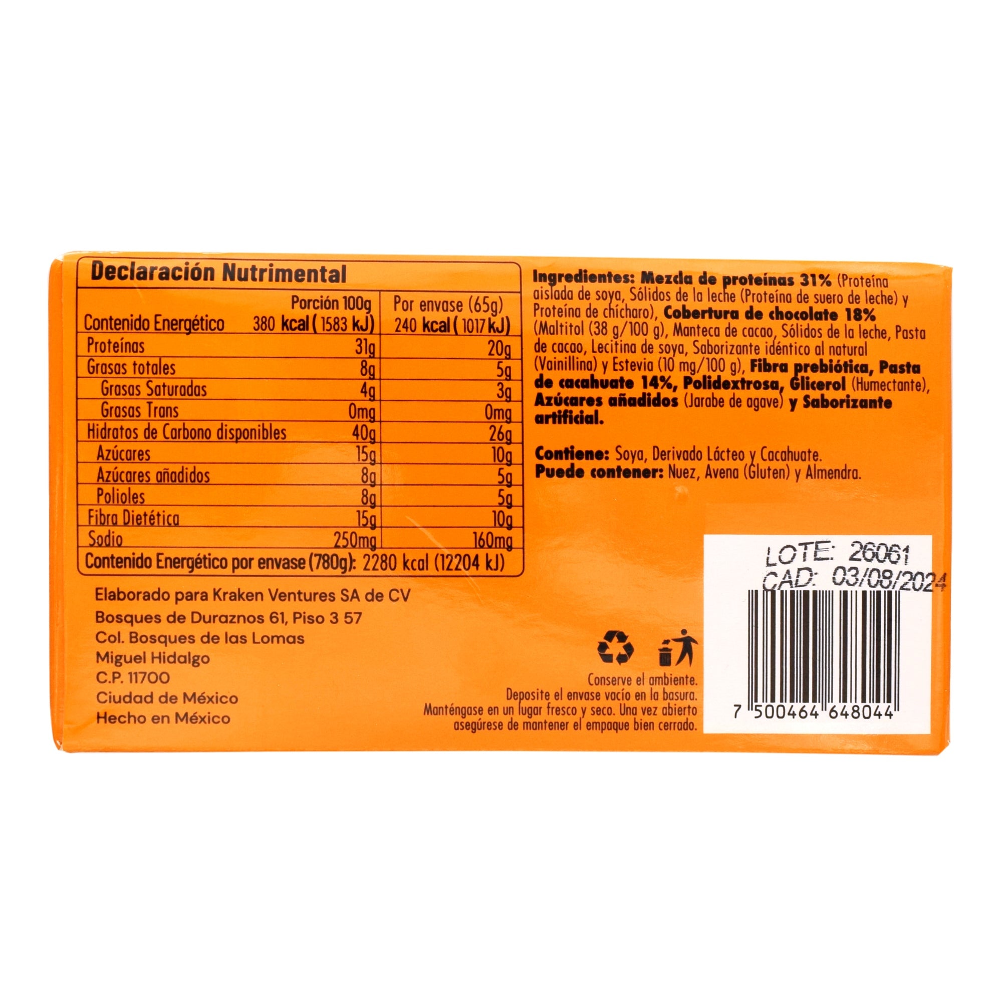 Barra De Proteina Crema De Cacahuate 65G (Paquete 12)