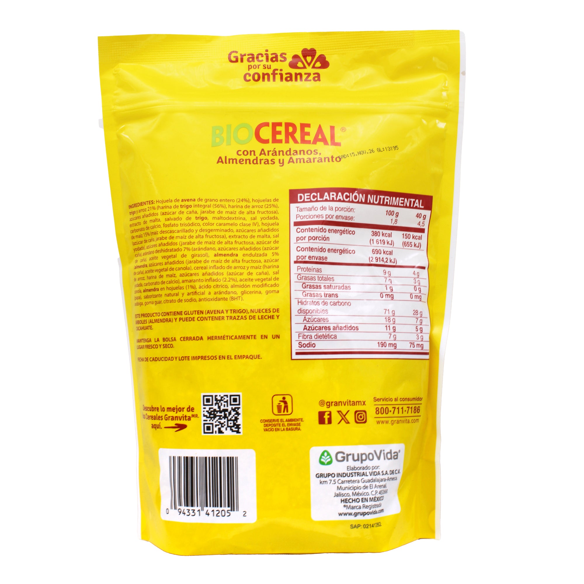 Cereal Con Arandanos Y Amaranto 180 G