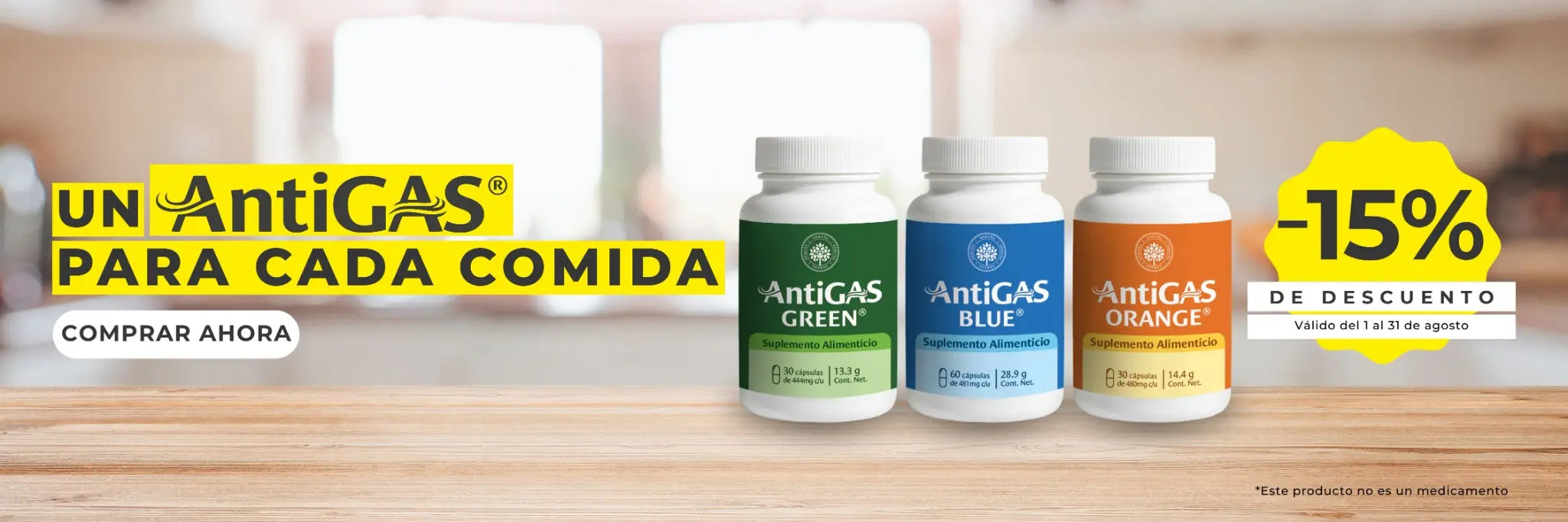 Suplementos alimenticios AntiGAS Green, Blue y Orange con 15% de descuento en Súper Naturista