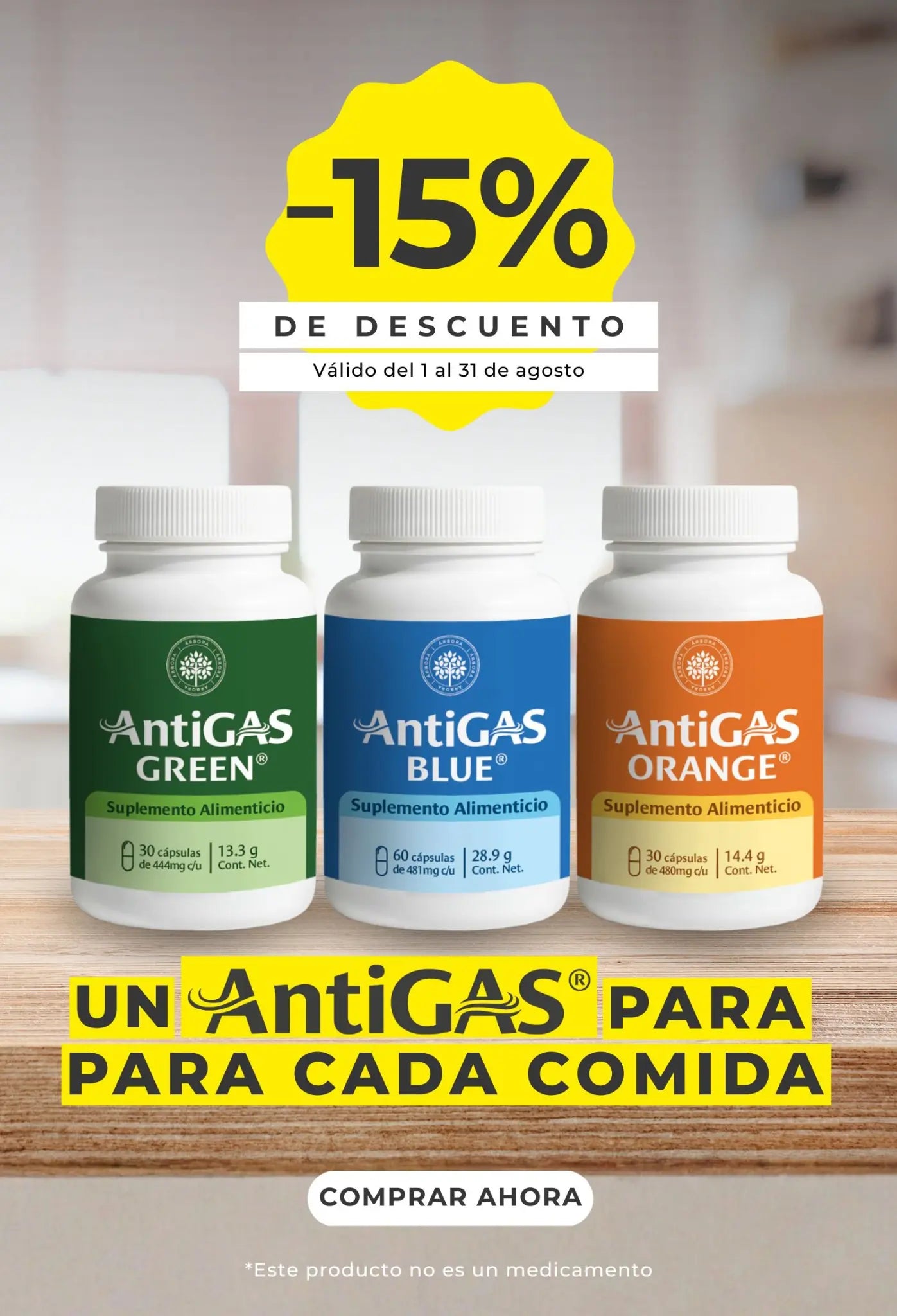 Suplementos alimenticios AntiGAS Green, Blue y Orange con 15% de descuento en Súper Naturista