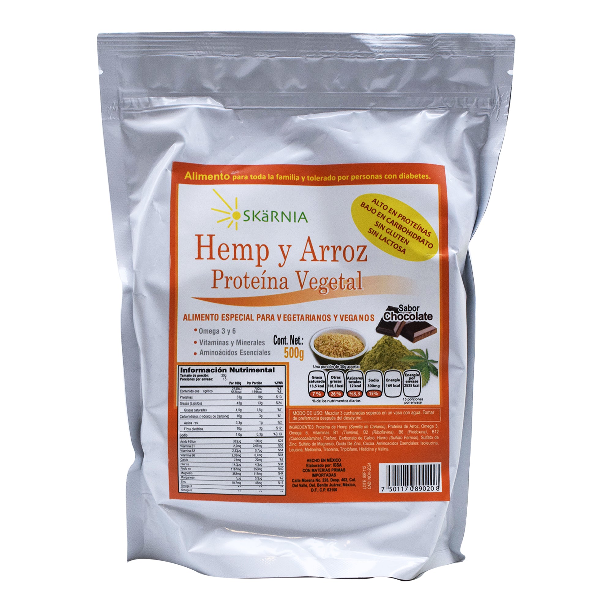 Proteina De Hemp Y Arroz Sab Chocolate 500 G