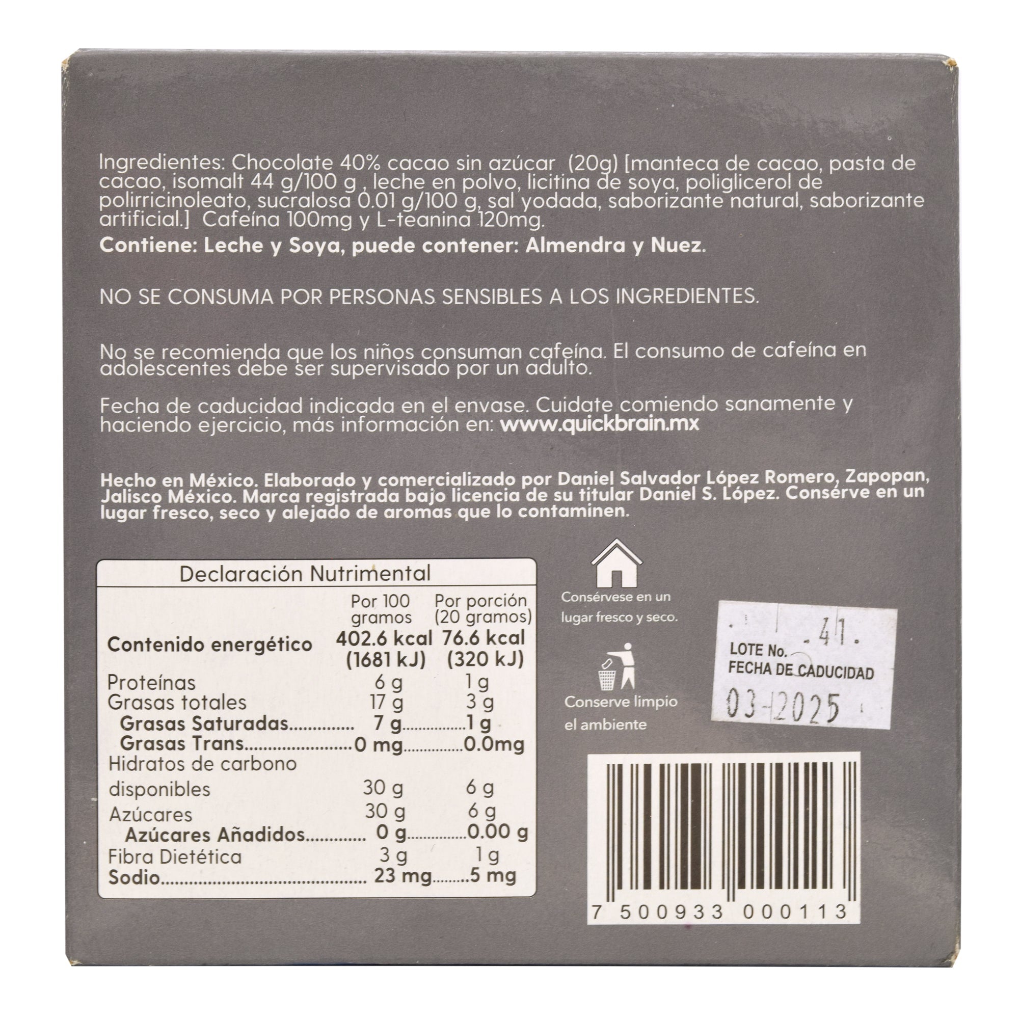 Barra Chocolate Cafeina Te Verde Sin Azucar 20 G