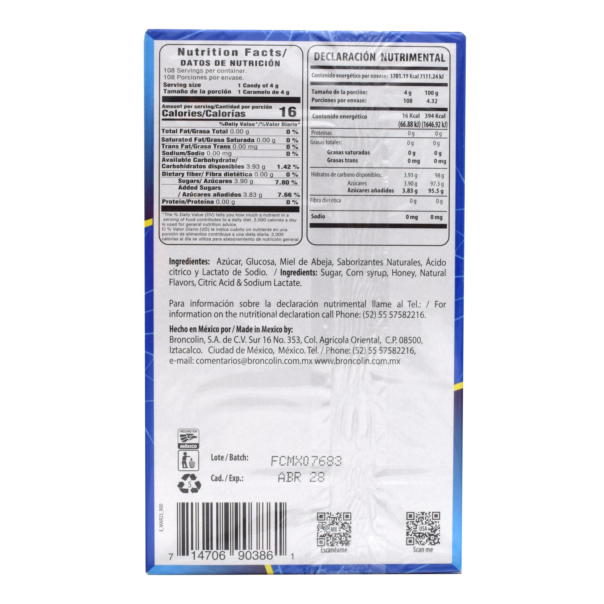 Caramelo Miel Mentol Bronco Fresh 33 G (Paquete 12)