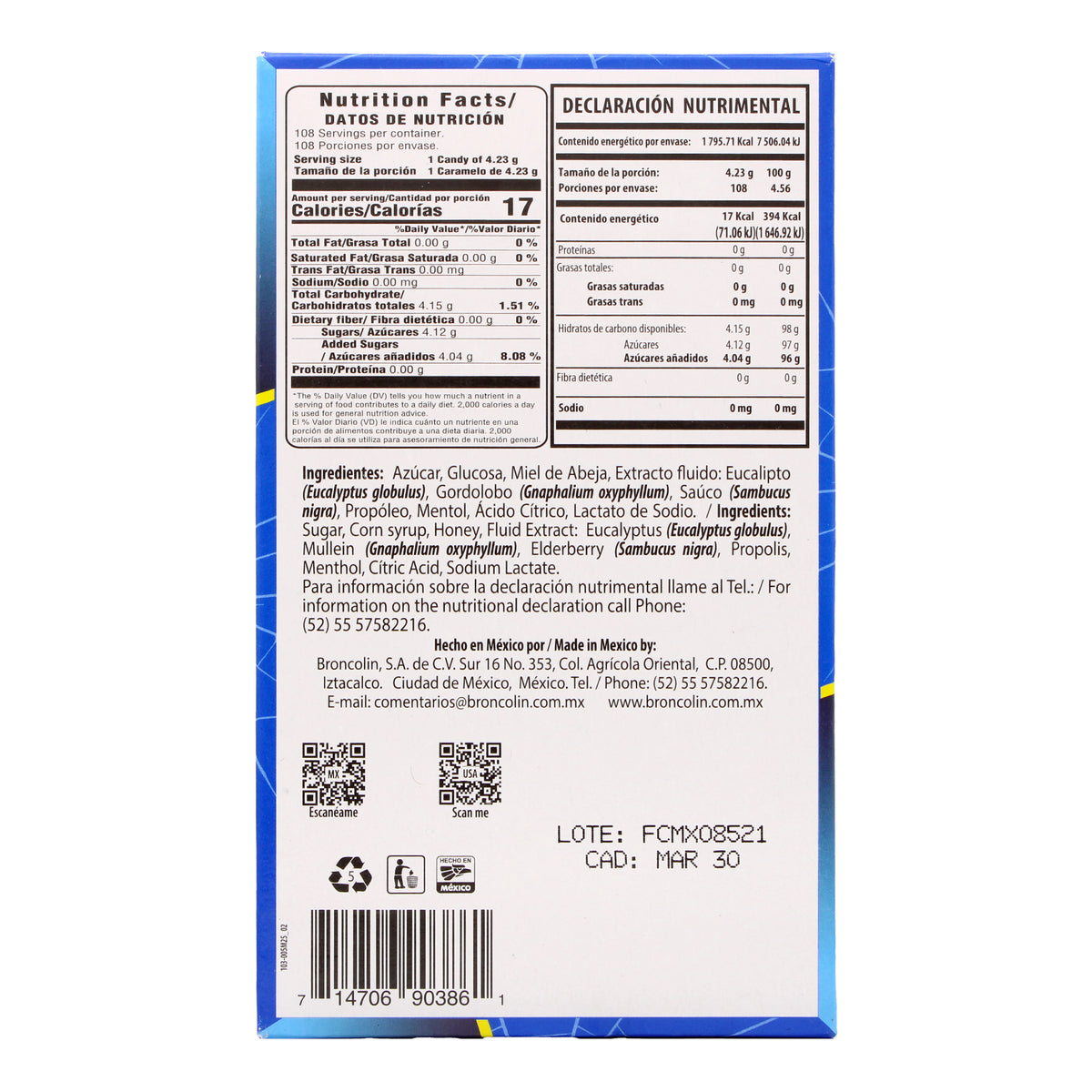 Caramelo Miel Mentol Bronco Fresh 33 G (Paquete 12)
