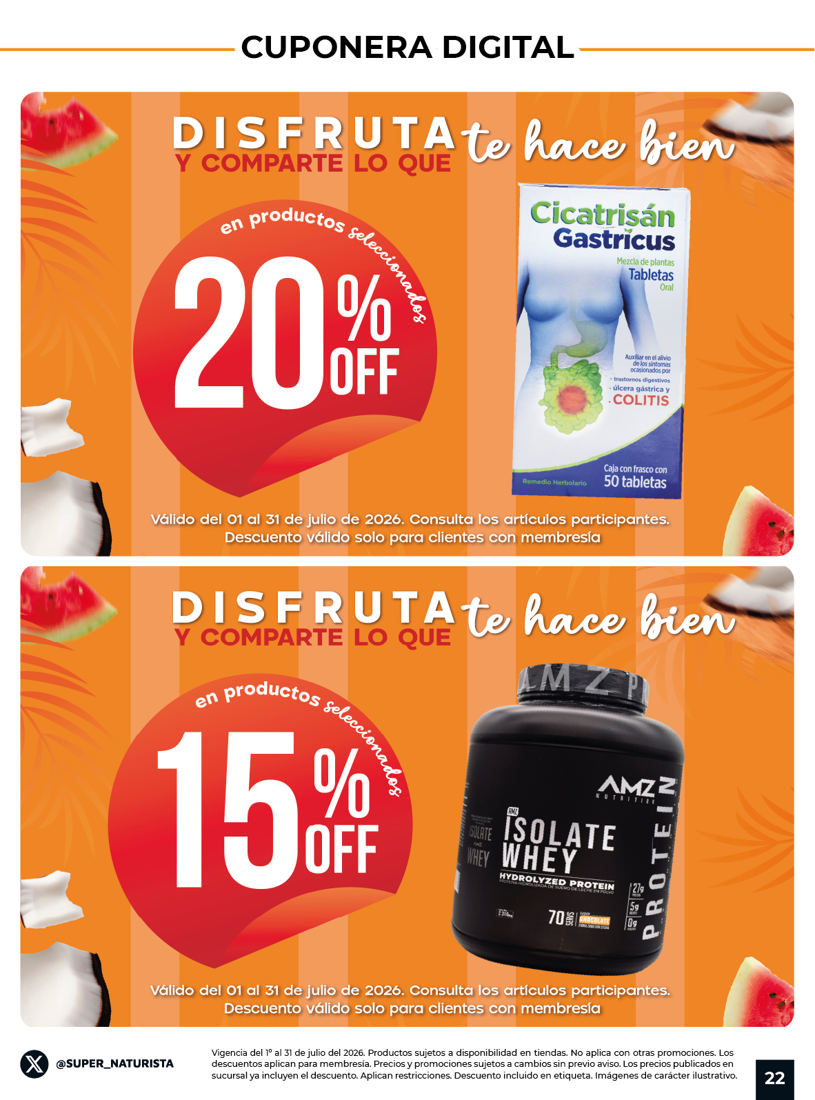 Cupones digitales con descuentos en productos seleccionados de Súper Naturista.