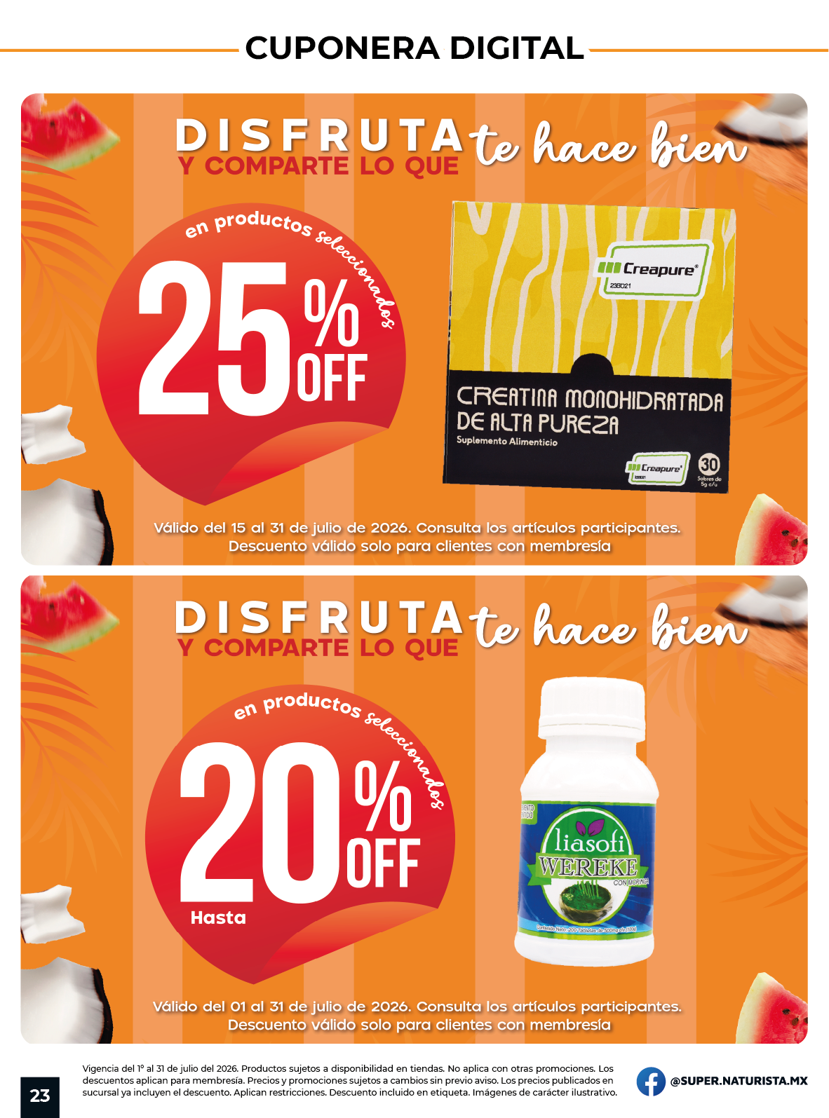 Cuponera digital Súper Naturista con promociones en suplementos y productos de bienestar.