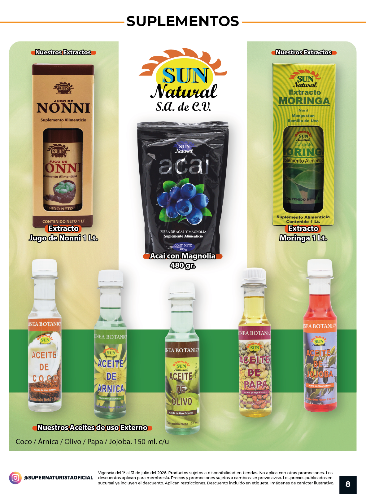Productos Sun Natural como noni, açai, moringa y extractos en Súper Naturista.