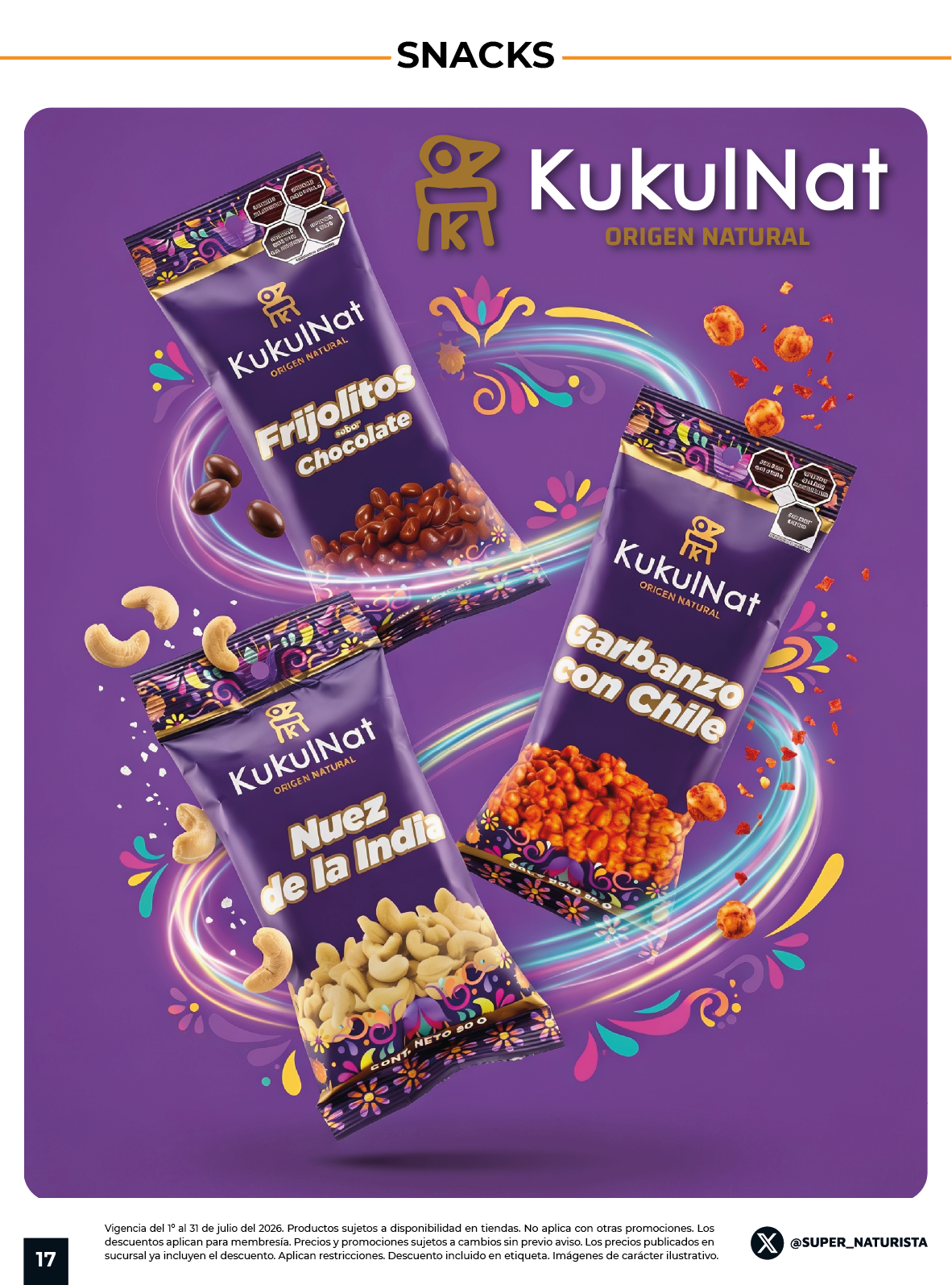 Snacks KukulNat con opciones como frijolito, garbanzo, nuez y amaranto con chile.
