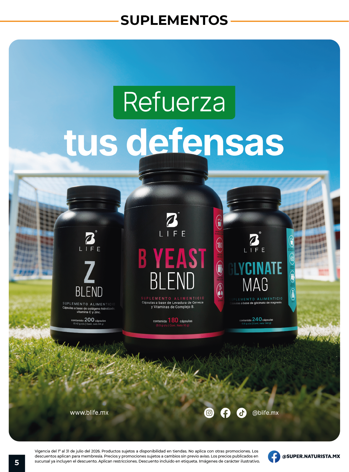Suplementos B Life Zinc Blend, B Yeast Blend y Glycinate Mag para bienestar diario.