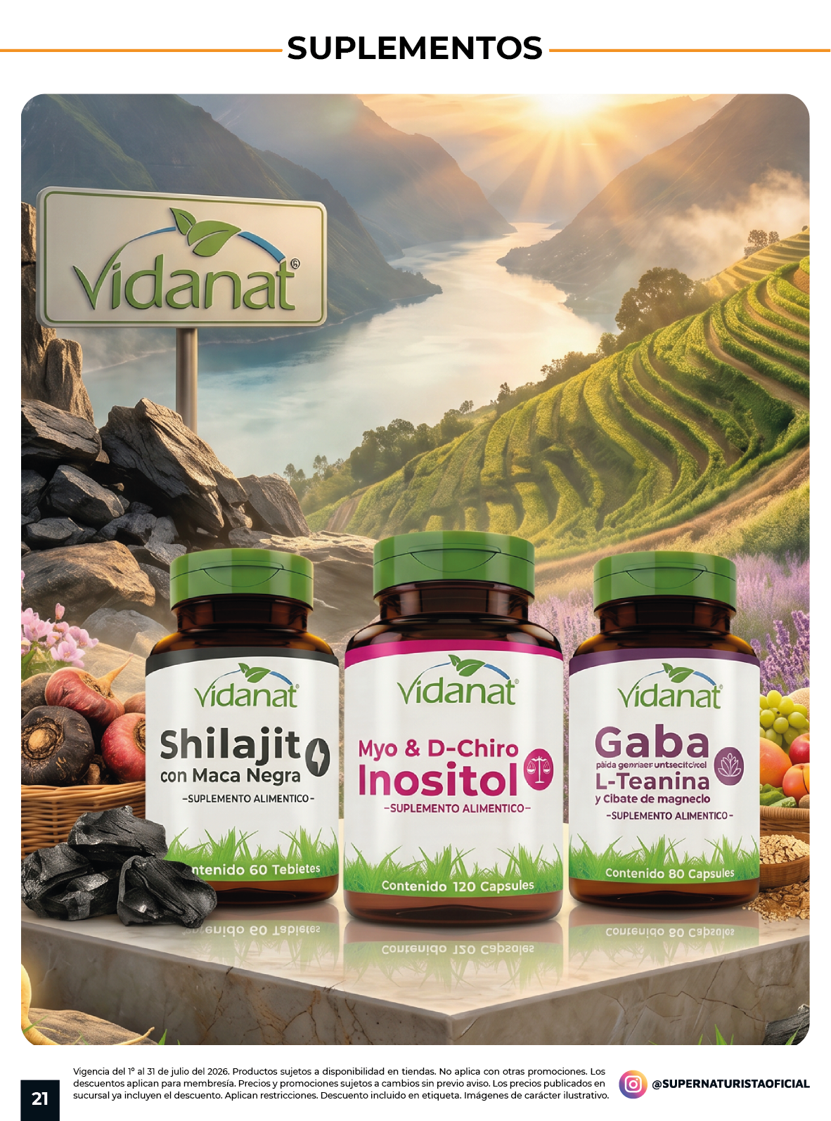 Suplementos Vidanat Shilajit, Myo D Chiro Inositol y GABA L-Theanine.