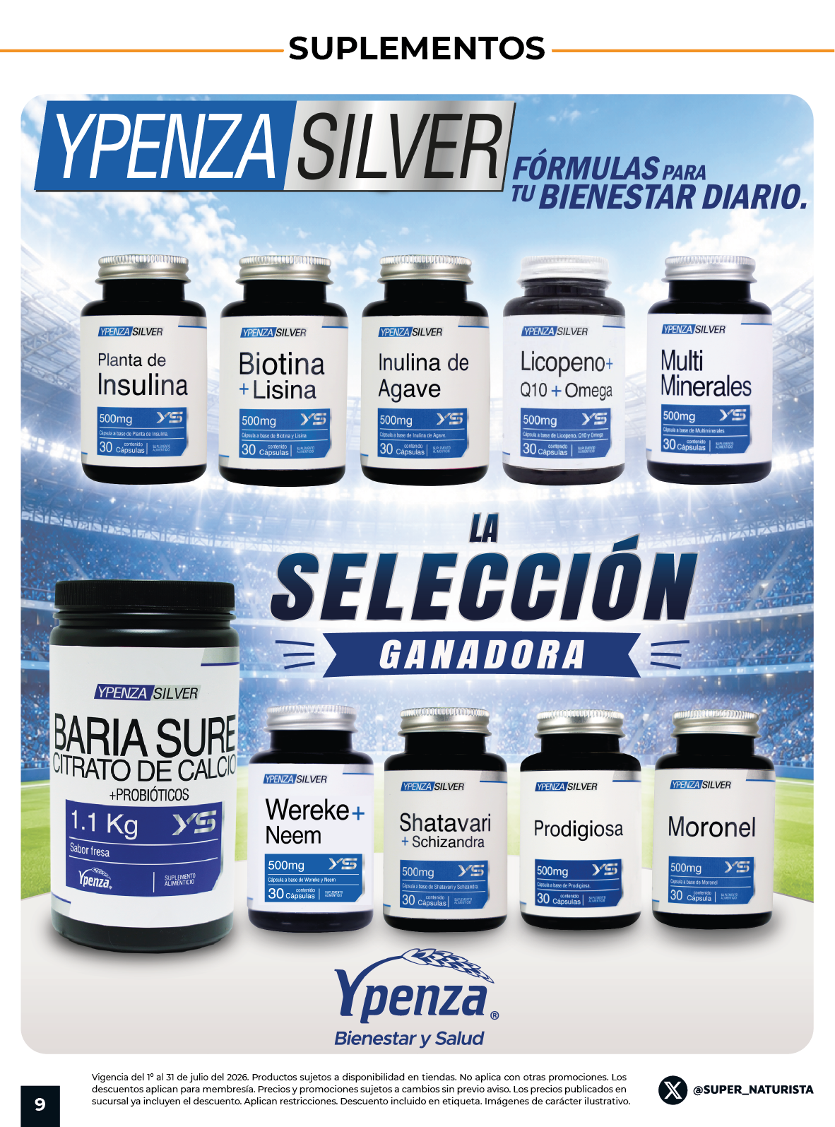 Línea de suplementos Ypenza Silver con biotina, insulina, cúrcuma y multivitamínicos.