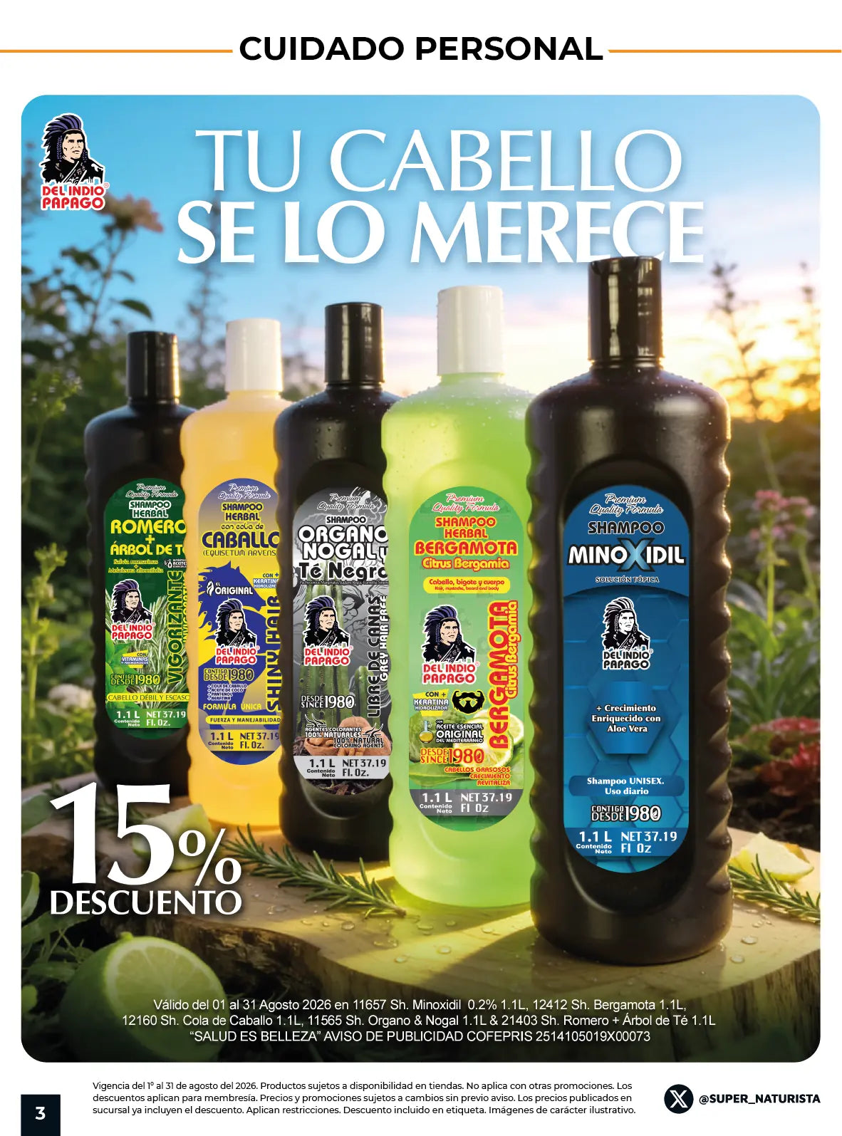 Productos para el cuidado capilar y shampoos con 15% de descuento en Súper Naturista